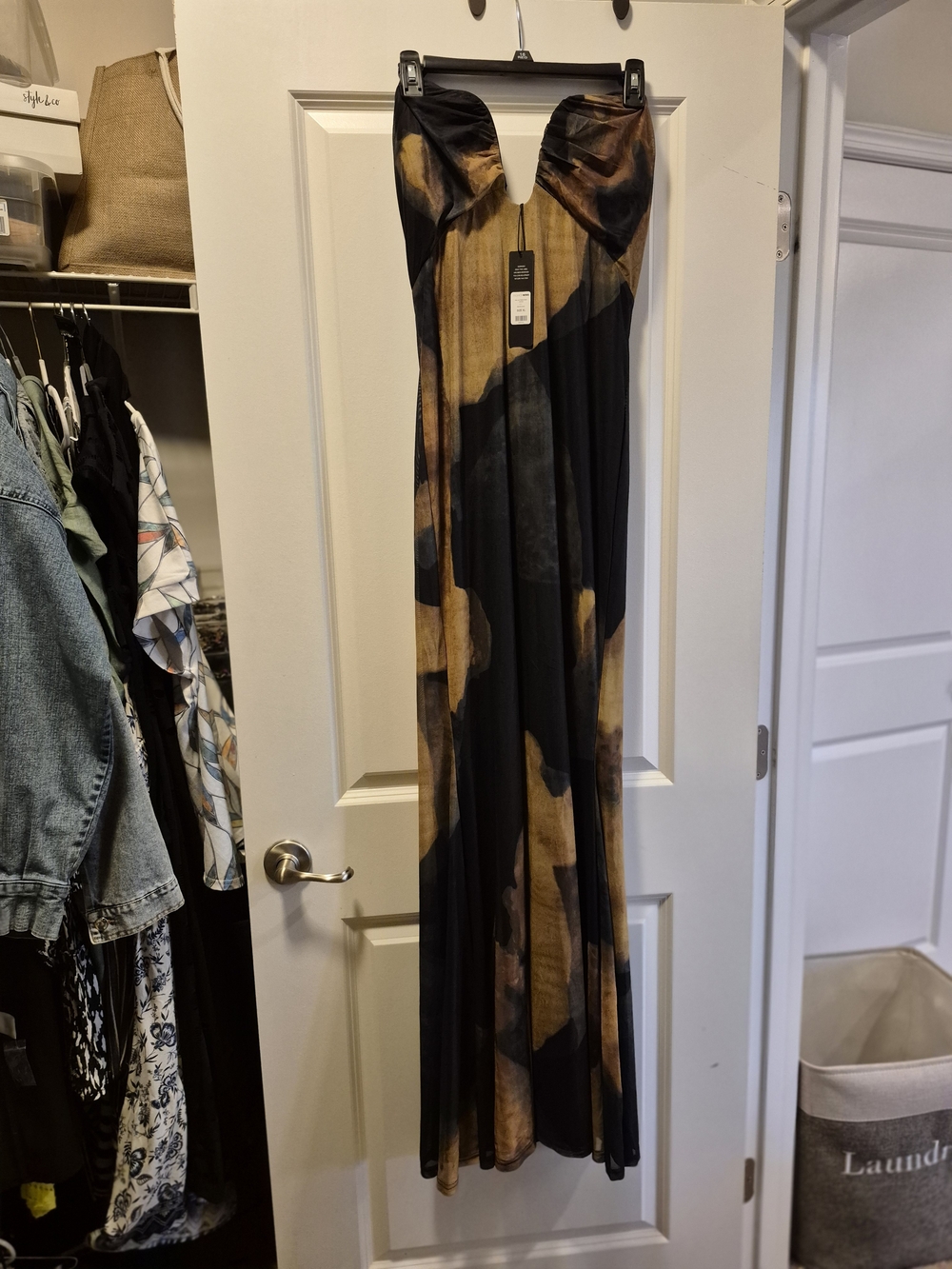 Fashion Nova Black and Gold Strapless Printed Maxi Dress